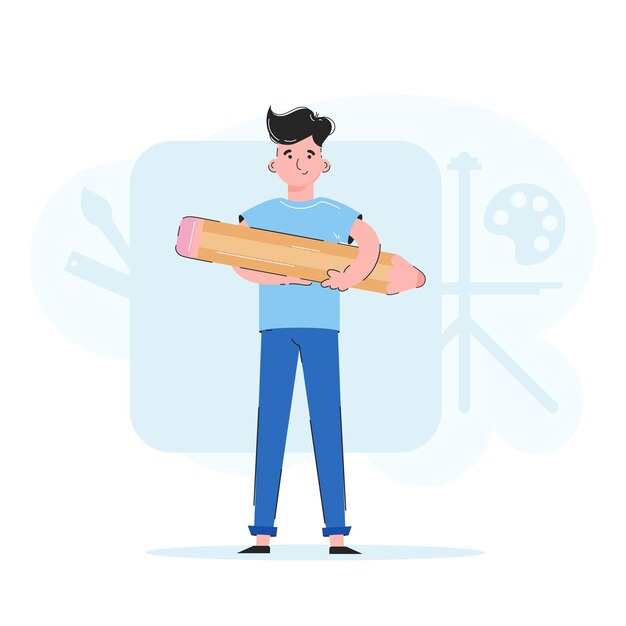 El tipo sostiene un lápiz Ilustración de tendencia Bueno para presentaciones de aplicaciones y sitios web Vector
