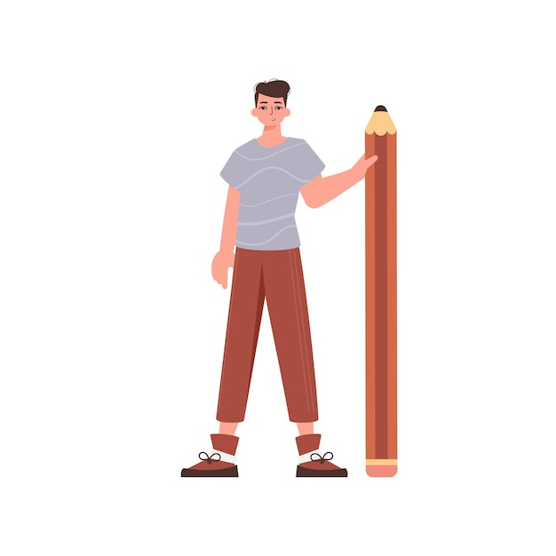 El tipo sostiene un lápiz. Personaje de estilo Trend.