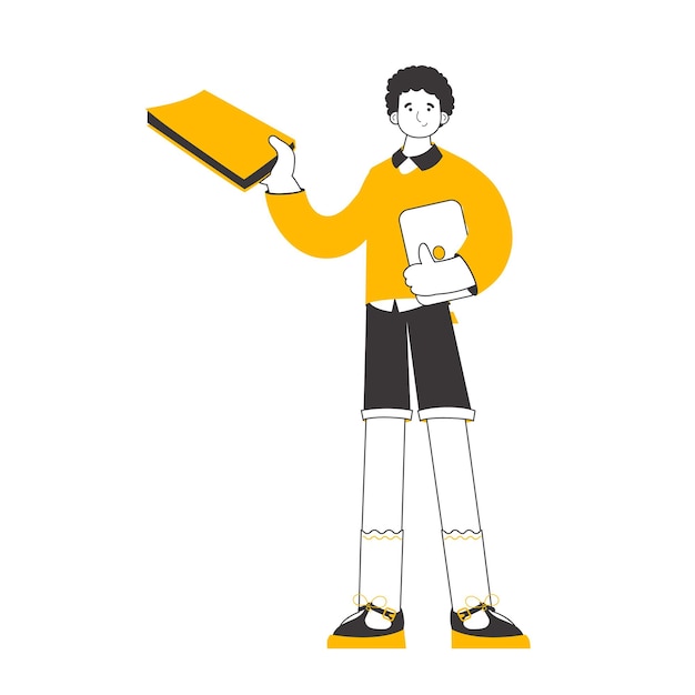 El tipo sostiene un libro y una computadora portátil en sus manos Estilo de arte lineal Aislado sobre fondo blanco Vector