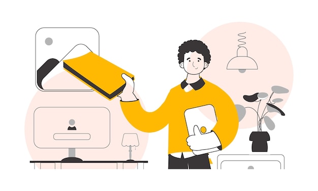 El tipo sostiene un libro y una computadora portátil en sus manos Estilo lineal de moda Ilustración vectorial