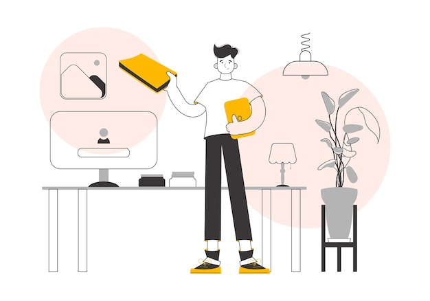 El tipo sostiene un libro y una computadora portátil en sus manos Estilo lineal de moda Vector