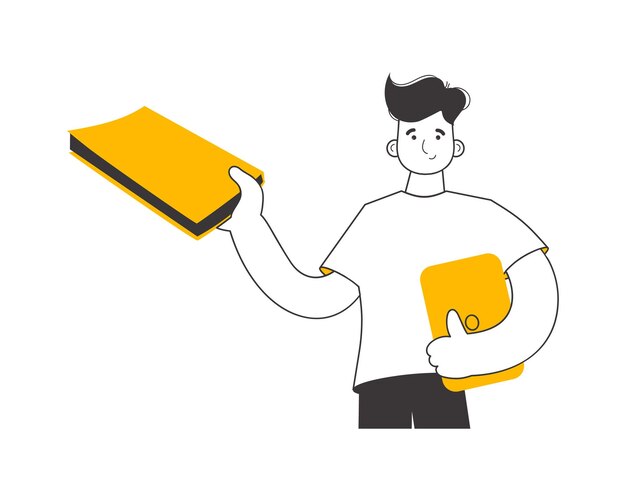 El tipo sostiene un libro y una computadora portátil en sus manos Estilo moderno lineal Ilustración vectorial aislada