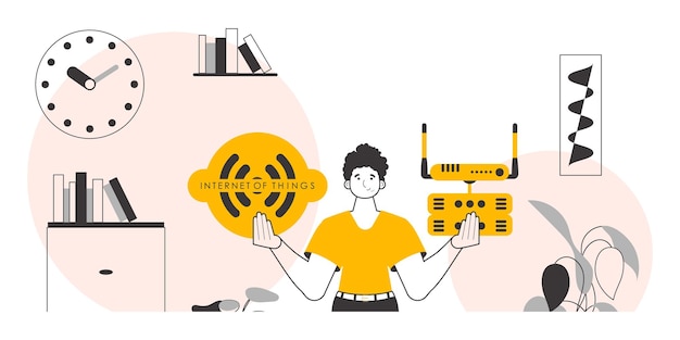 El tipo sostiene el logo de IOT en sus manos Estilo Lineart Ilustración vectorial