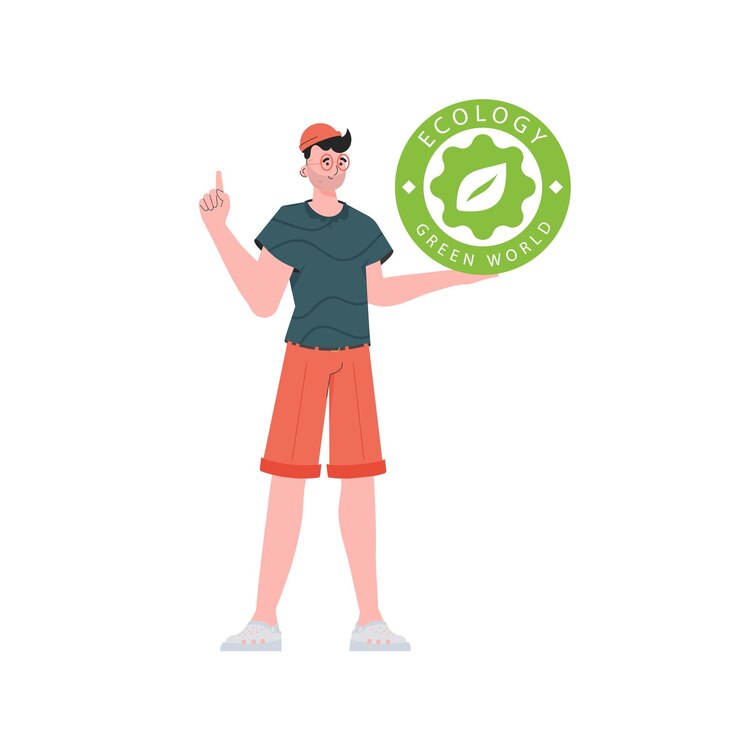 Vector el tipo sostiene el logotipo de eco en sus manos el personaje se representa en pleno crecimiento el concepto de ecología y energía verde aislado sobre fondo blanco estilo de moda vector