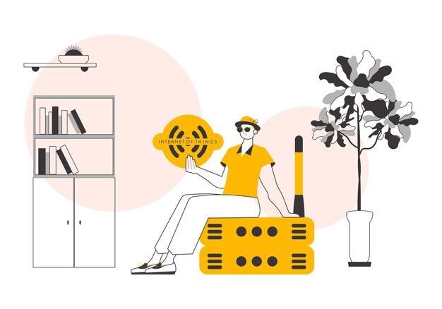 El tipo sostiene el logotipo de Internet de las cosas en sus manos Estilo lineal de moda Ilustración vectorial