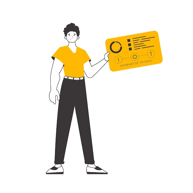 El tipo sostiene el logotipo de IOT en sus manos Estilo lineal de moda aislado en fondo blanco Ilustración vectorial