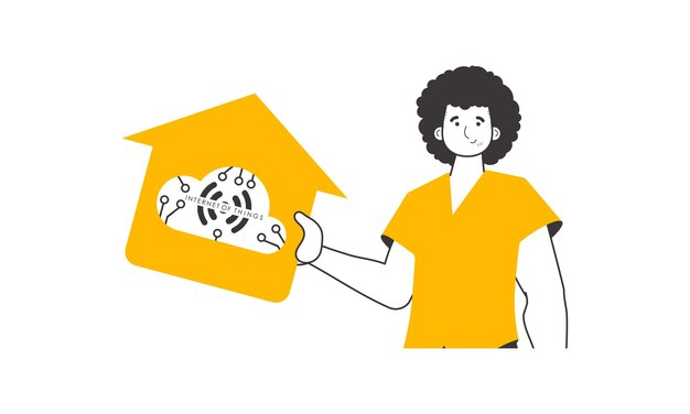 El tipo sostiene el logotipo de IOT en sus manos Estilo lineal de moda aislado sobre fondo blanco Vector