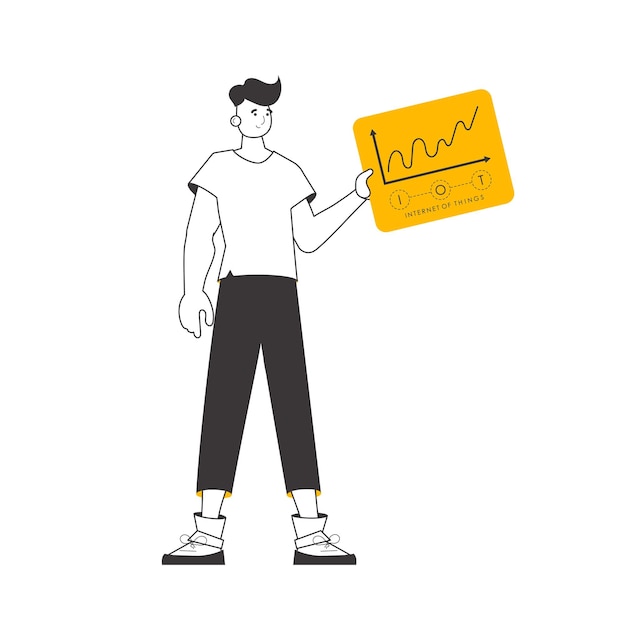 El tipo sostiene el logotipo de IOT en sus manos Estilo lineal de moda Ilustración vectorial aislada