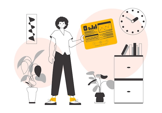 El tipo sostiene el logotipo de IOT en sus manos Estilo lineal de tendencia Ilustración vectorial