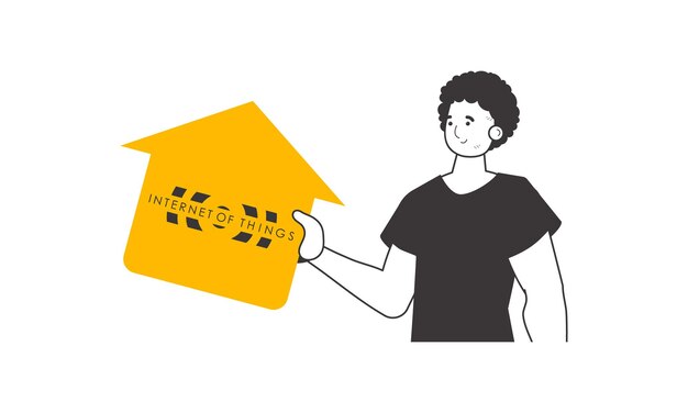 El tipo sostiene el logotipo de IOT en sus manos Ilustración vectorial aislada de estilo lineal moderno