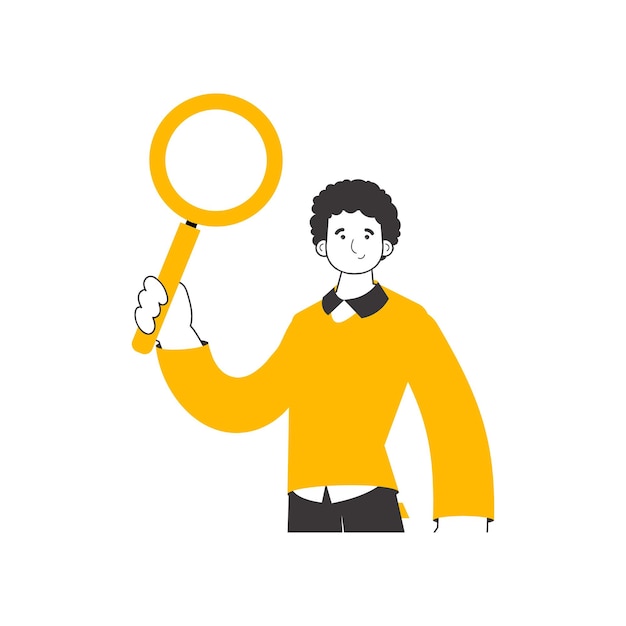 El tipo sostiene una lupa en sus manos Concepto de búsqueda Estilo de arte lineal Aislado sobre fondo blanco Ilustración vectorial