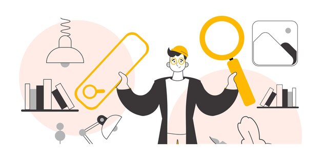 El tipo sostiene una lupa en sus manos Concepto de búsqueda Estilo lineal de moda Ilustración vectorial