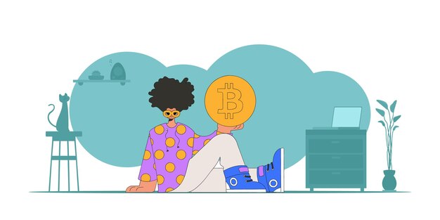 El tipo sostiene una moneda bitcoin El concepto de interacción con activos monetarios digitales