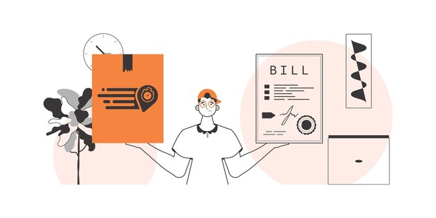 El tipo sostiene un paquete y un cheque en sus manos Concepto de entrega de paquetes Estilo moderno lineal