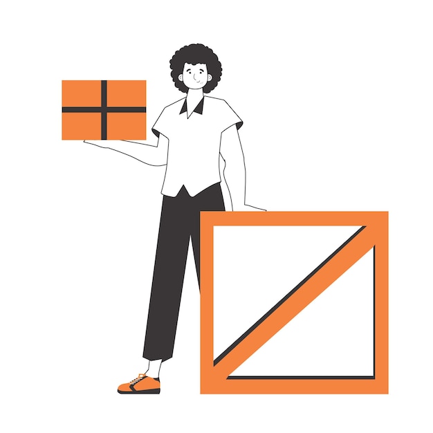 El tipo sostiene un paquete Proveedor de paquetes Estilo lineal Aislado sobre fondo blanco Ilustración vectorial