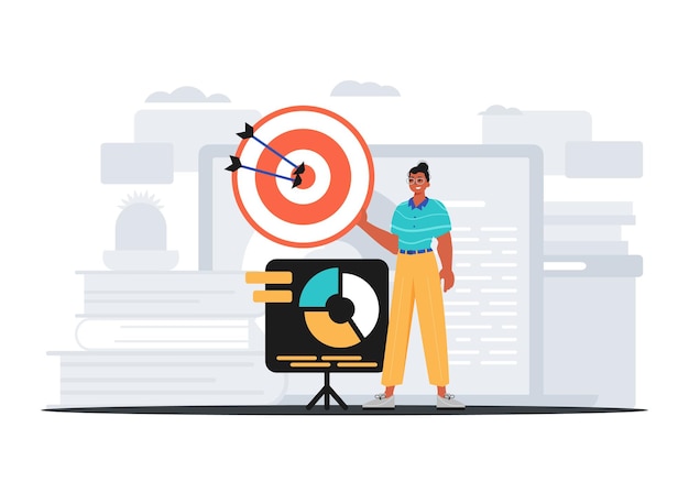 El tipo sostiene en su mano un objetivo con una flecha que golpea el concepto de portada digital concentrada Ilustración vectorial de estilo moderno