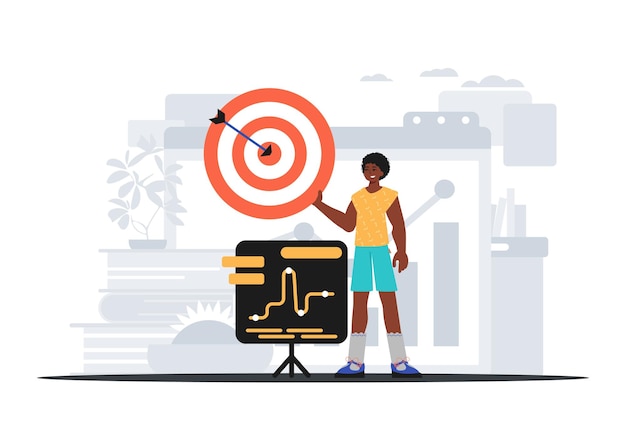 El tipo sostiene en su mano un objetivo con una flecha que golpea el concepto de superposición digital condensada Ilustración vectorial de estilo moderno