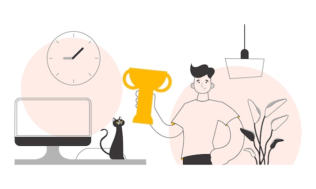 El tipo sostiene una taza Estilo de arte lineal Ilustración vectorial