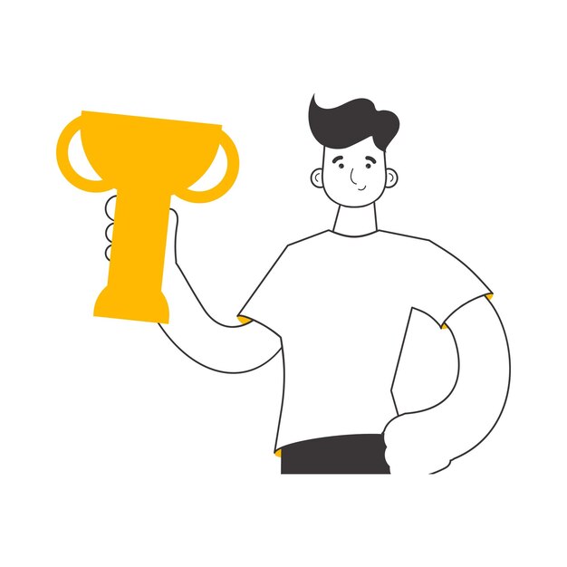 El tipo sostiene una taza Estilo moderno lineal Ilustración vectorial aislada