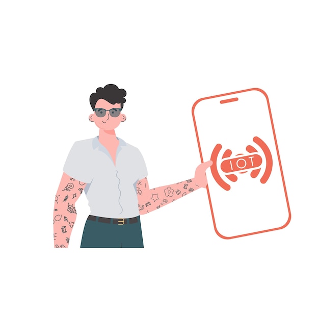 El tipo sostiene un teléfono con el logotipo de IoT en sus manos Concepto de Internet de las cosas Vector
