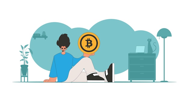 El tipo sostiene un tema de intercambio de moneda fiduciaria y criptomoneda bitcoin