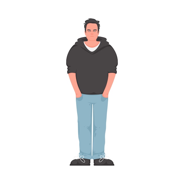 Un tipo con una sudadera y vaqueros posa con las manos en los bolsillos al estilo de dibujos animados