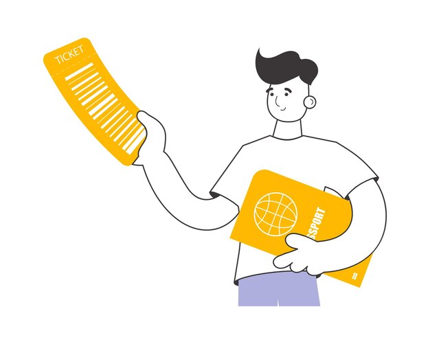 El tipo tiene un boleto y un pasaporte Tema de viaje Estilo moderno lineal Vector aislado