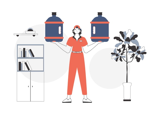 El tipo tiene una botella de agua en las manos concepto de entrega de agua estilo lineal