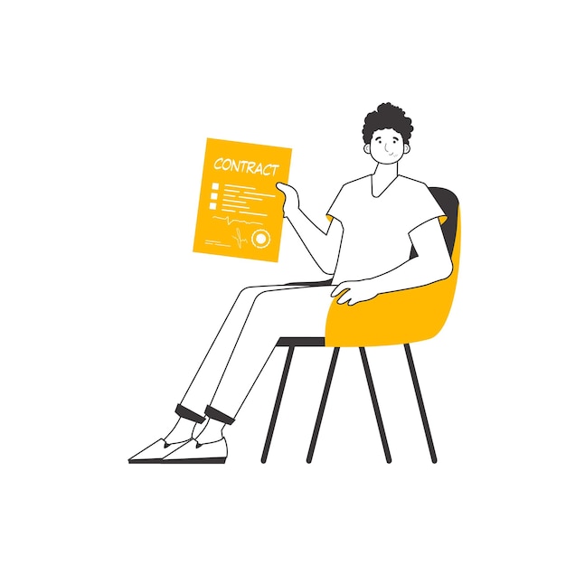 El tipo tiene un contrato en sus manos estilo lineal de moda ilustración vectorial aislada