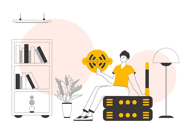 El tipo tiene el logotipo de Internet de las cosas en sus manos Vector de estilo lineal de moda