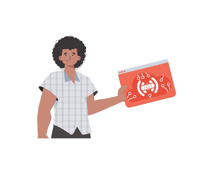 Vector el tipo tiene el logotipo de iot en sus manos concepto de iot ilustración vectorial aislada en estilo plano