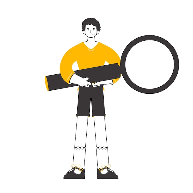El tipo tiene una lupa en las manos Ilustración vectorial aislada de estilo lineal moderno