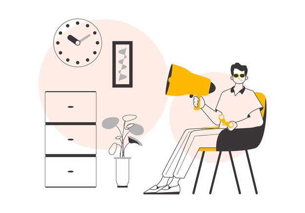 El tipo tiene un megáfono en las manos estilo lineal de moda ilustración vectorial