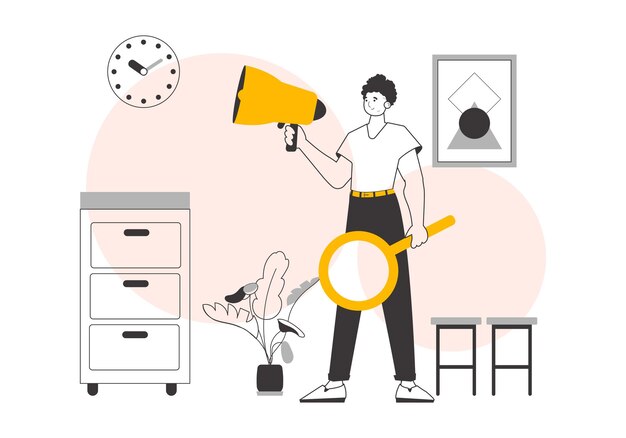 El tipo tiene un megáfono en las manos Ilustración vectorial de estilo lineal minimalista