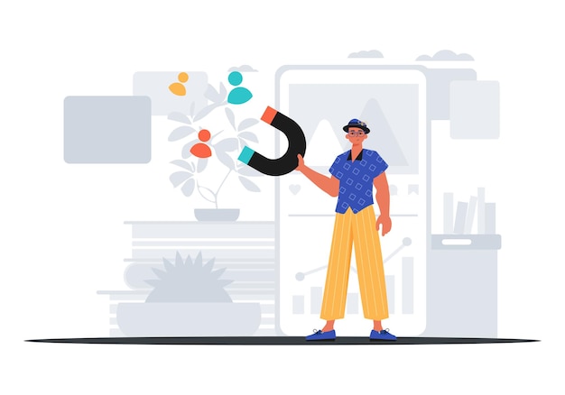 El tipo tiene un menú de gancho en su actor de puente que atrae el concepto de hora puesta Ilustración vectorial de estilo moderno