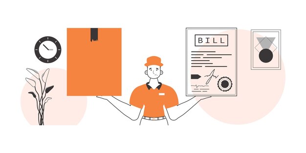 El tipo tiene un paquete y un cheque en sus manos El concepto de entrega de mercancías y paquetes Estilo lineal
