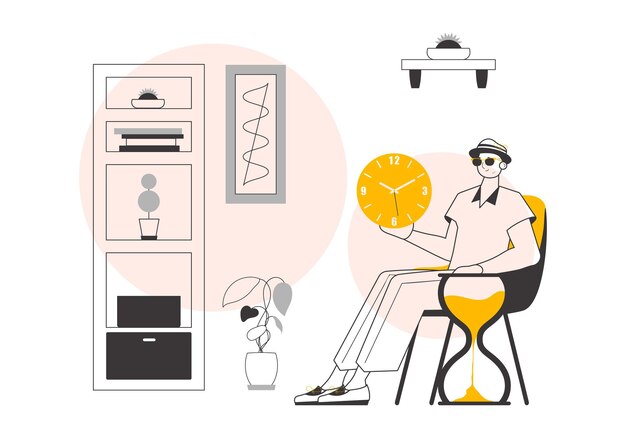 El tipo tiene un reloj concepto de gestión del tiempo estilo lineal de moda ilustración vectorial