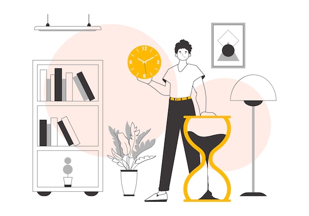 El tipo tiene un reloj concepto de gestión del tiempo ilustración de vector lineal