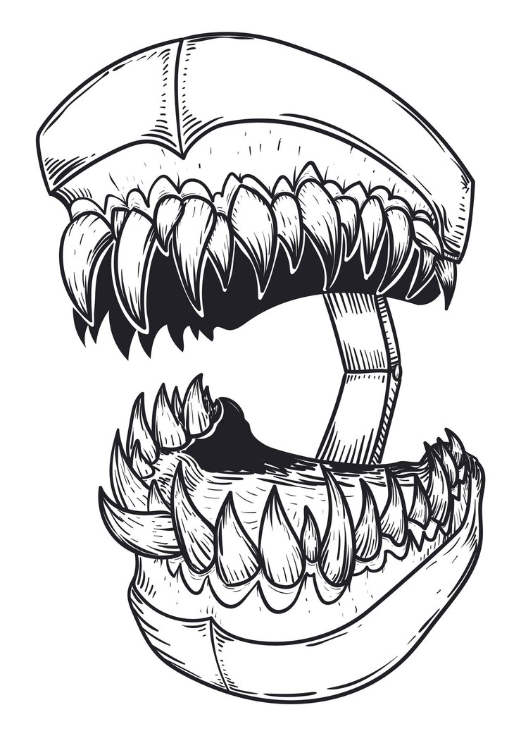 Vector tipodonte feroz o dentaduras postizas con monstruosos dientes afilados como colmillos listos para asustar en halloween