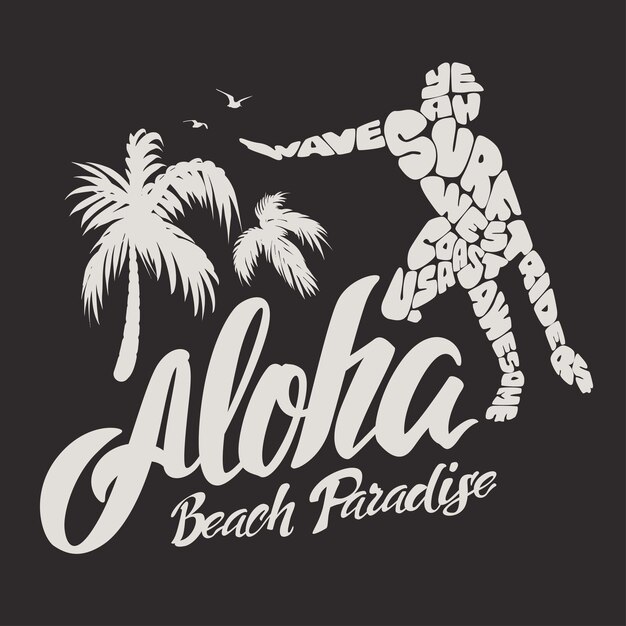 Tipografía aloha con ilustración de surfista para ilustración de vector de impresión de camiseta