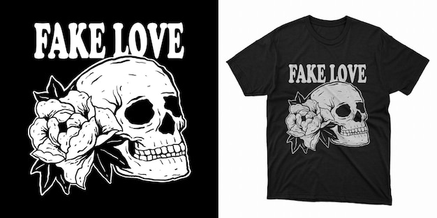 Tipografía de amor falso con calavera y flor para el diseño de camisetas