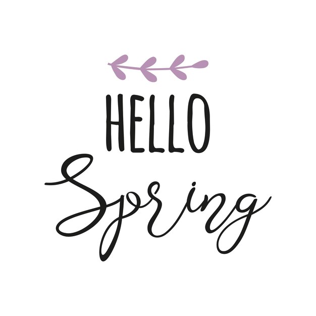 Tipografía cita primavera texto hola primavera decorado dibujado a mano rama violeta linda frase negra aislada en blanco ilustración vectorial primavera suave impresión tarjeta etiqueta signo logotipo cartel banner icono