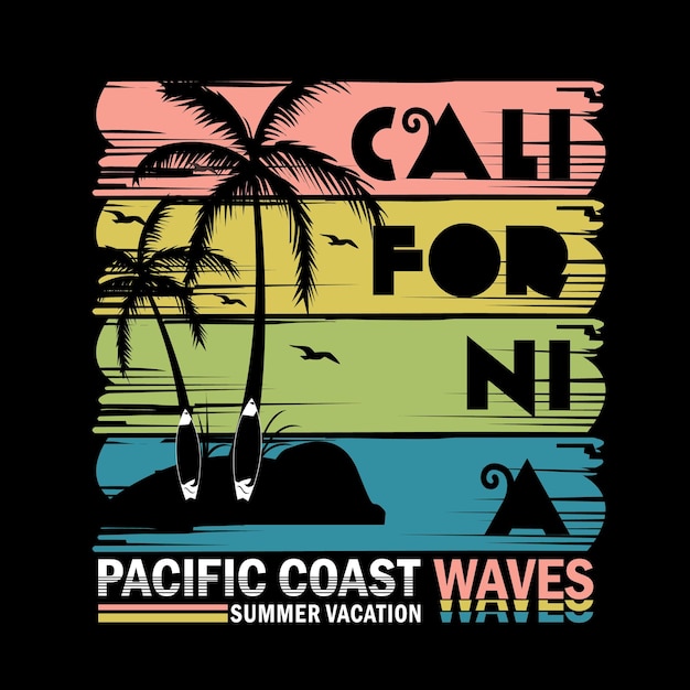 Tipografía de la costa pacífica de california con palmeras ilustración arte vectorial