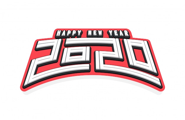 Vector tipografía deporte superhéroe estilo emblema con texto feliz año nuevo 2020.