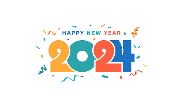 Tipografía de diseño colorido feliz año nuevo 2024 ilustración del logotipo del banner de fondo de saludo