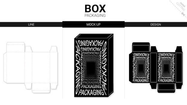 Tipografía de embalaje de caja y plantilla troquelada de maqueta