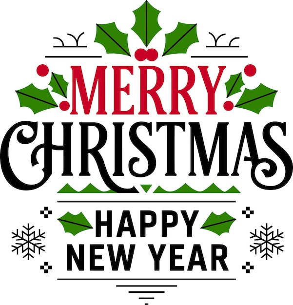 tipografía festiva Feliz Navidad Feliz Año Nuevo hojas de acebo bayas rojas elementos decorativos