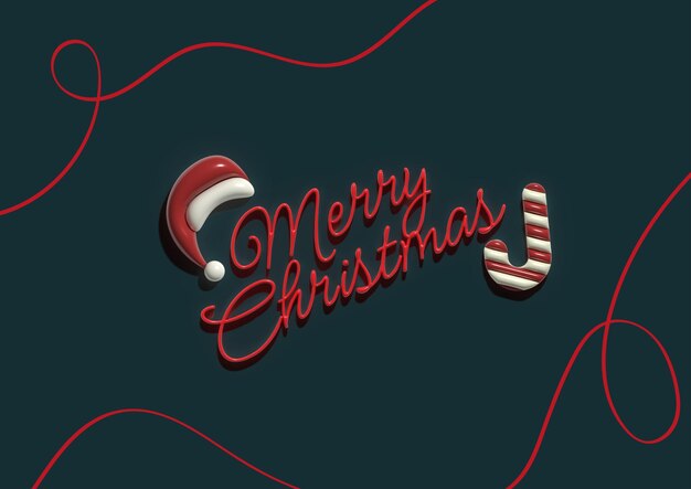 Tipografía festiva de Feliz Navidad con sombrero de Papá Noel y acento de caña de caramelo en fondo oscuro