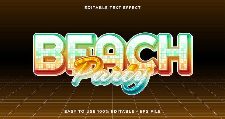 Vector tipografía de fiesta en la playa texto editable de primera calidad efecto de brillo 3d