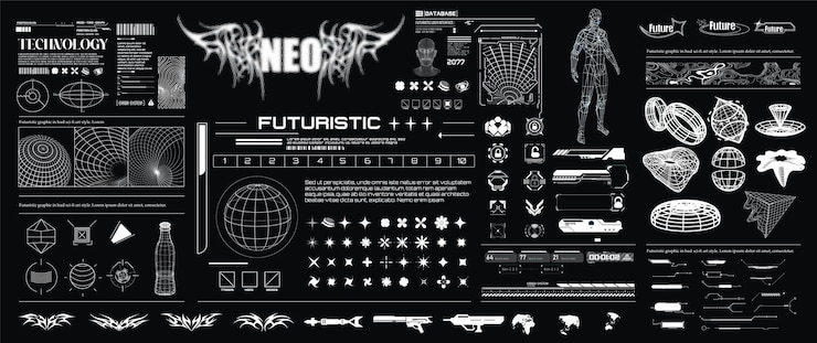 Vector tipografía futurista inspirada en la ciencia ficción y letras completas con hud y grandes elementos del y2k ext